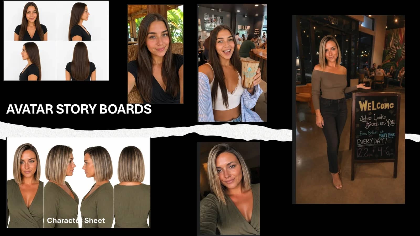AI avatar character sheets and persona story boards Sierra Media Productions AI avatar story boards: multi-angle character sheets and lifestyle stills of the captured on-camera personas.