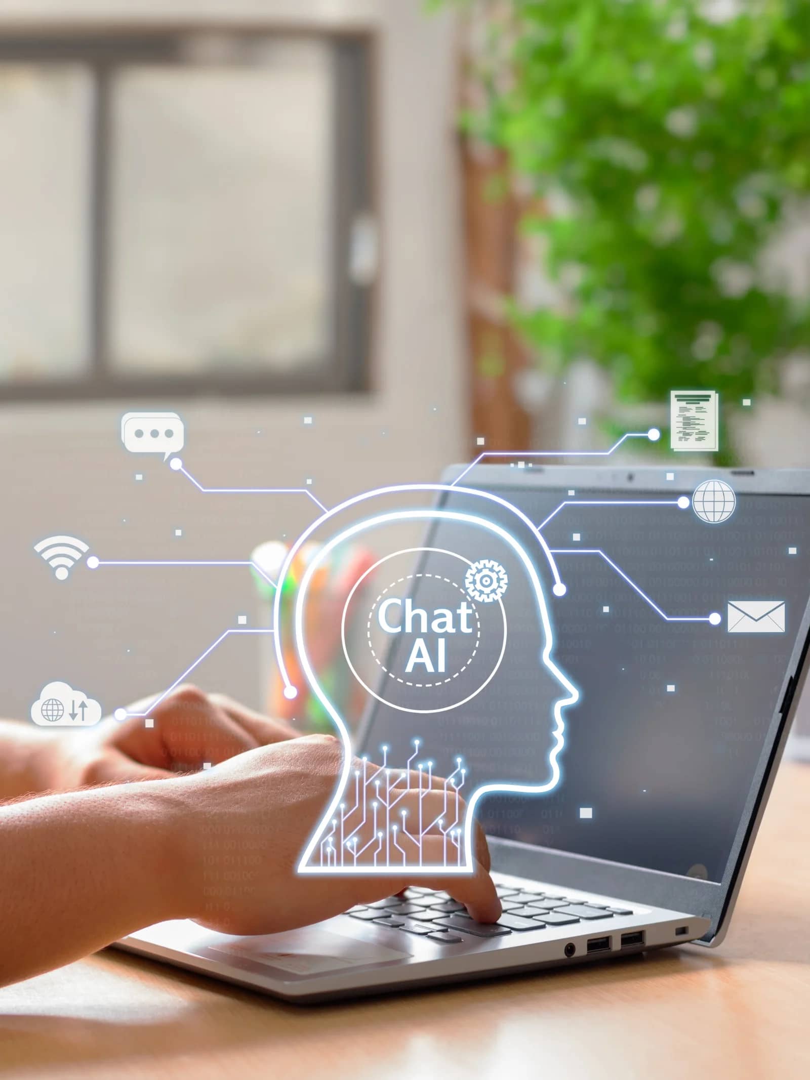Hands typing on a laptop beneath a glowing 'Chat AI' head graphic connected to chat, email, document and web icons Hands typing on a laptop beneath a glowing 'Chat AI' head graphic connected to chat, email, document and web icons