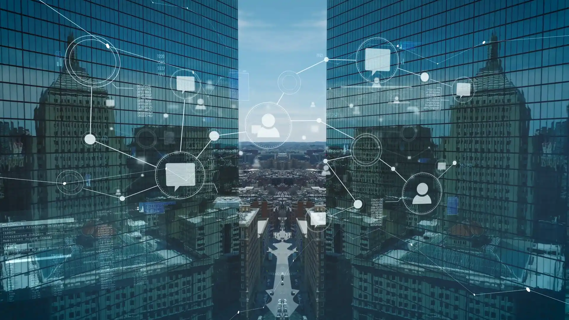 A network of contacts A composite of a downtown skyline overlaid with connecting lines, message bubbles and user icons, representing a network of contacts.