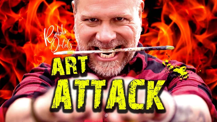 Art Attack series creative Art Attack series thumbnail with the host holding a paintbrush against a flame backdrop, produced by Sierra Media Productions.