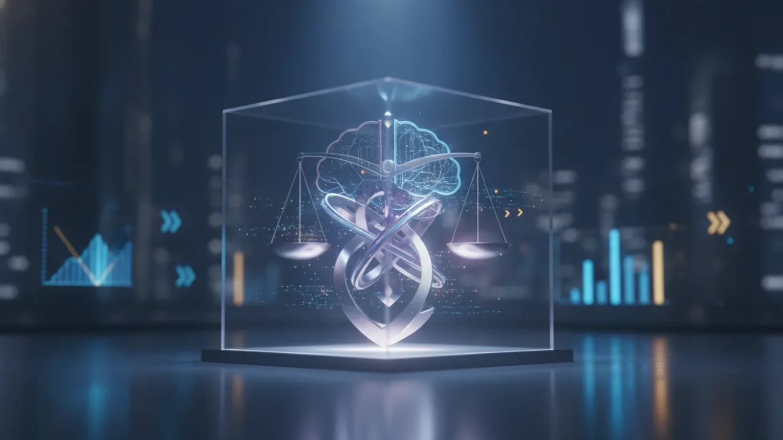 A glass display case holding the scales of justice and a glowing holographic brain, lit in blue and violet against a night skyline